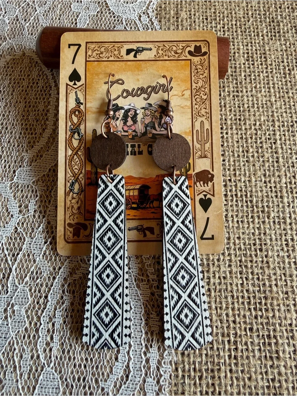 Western Aztec Wood Dangle Earrings Boho Cowgirl Lightweight Statement NEW